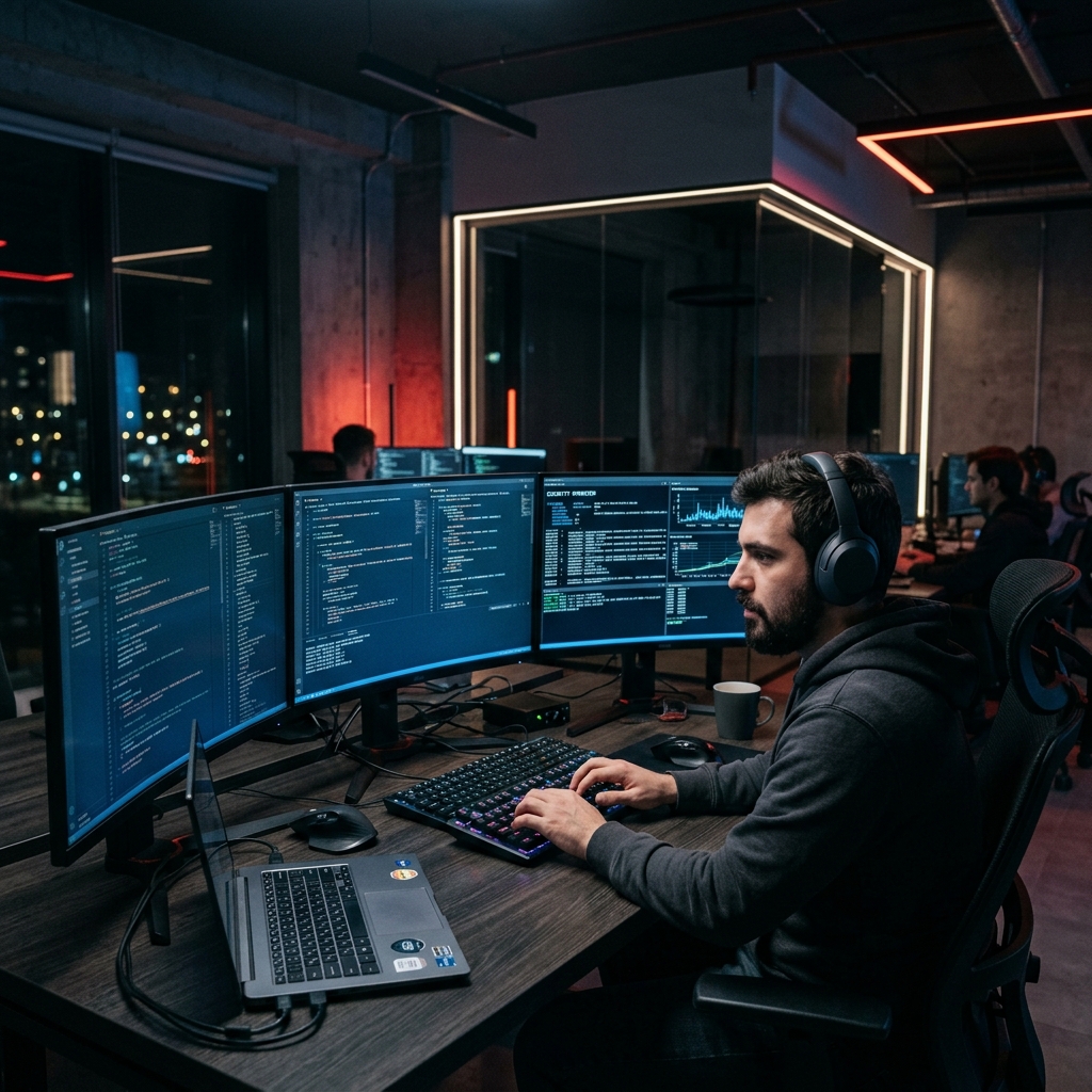 Cyber security professional working on multi-monitor setup